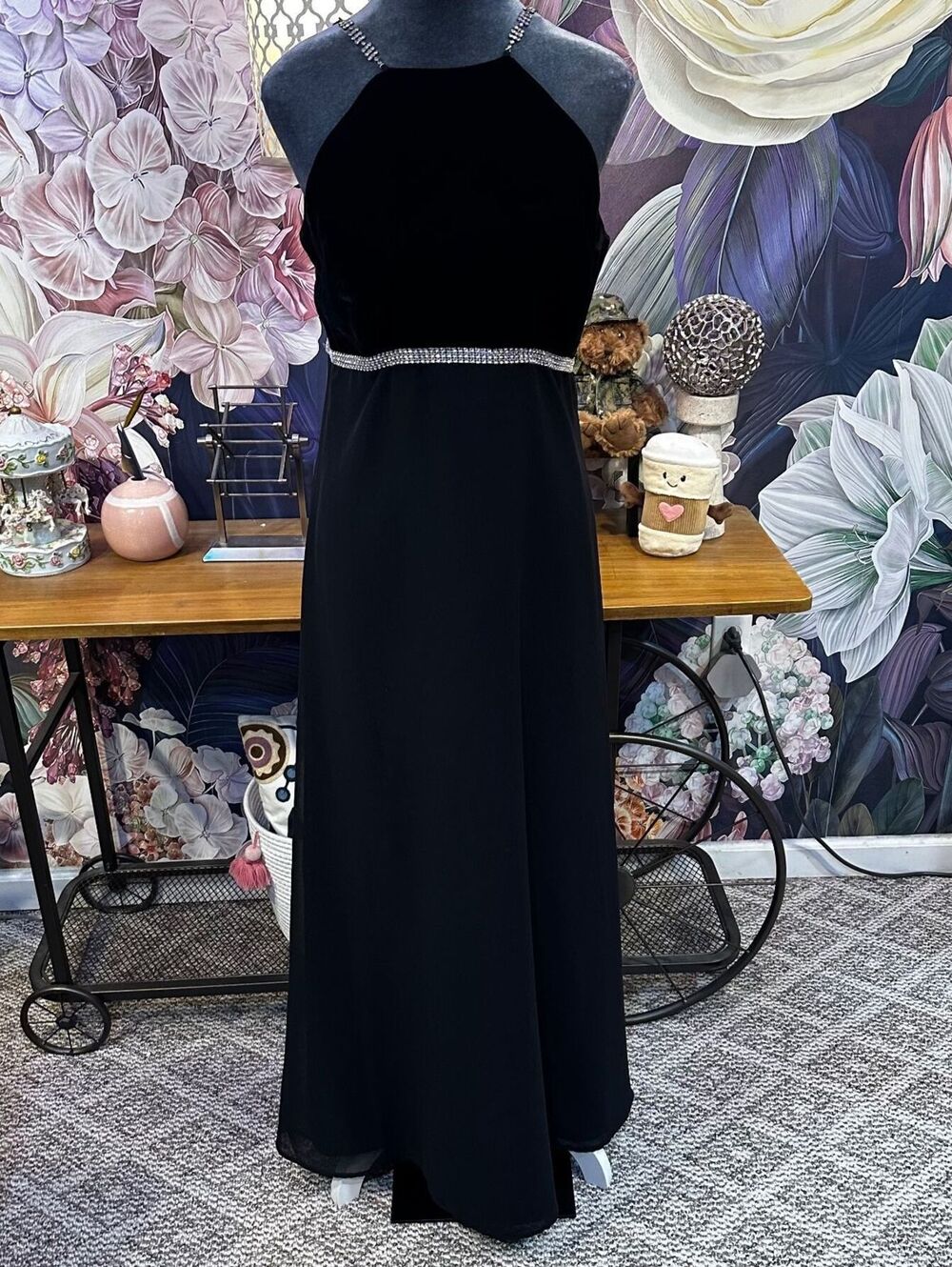 Alfred Angelo Black Halter Maxi Gown Rhinestone Formal Evening Romantic Coquette
